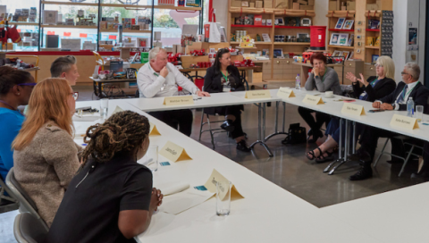 Photo of Legacy Project focus group attendees sitting and talking around a table with Inquiry and Postal Museum team members